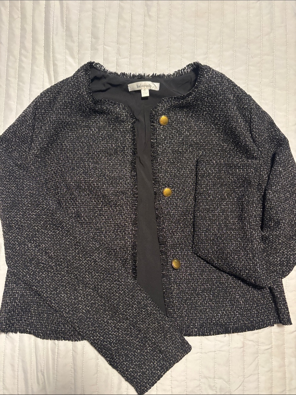 Lalavon Black and Gray Tweed Fringed Collar Jacket with Gold Buttons